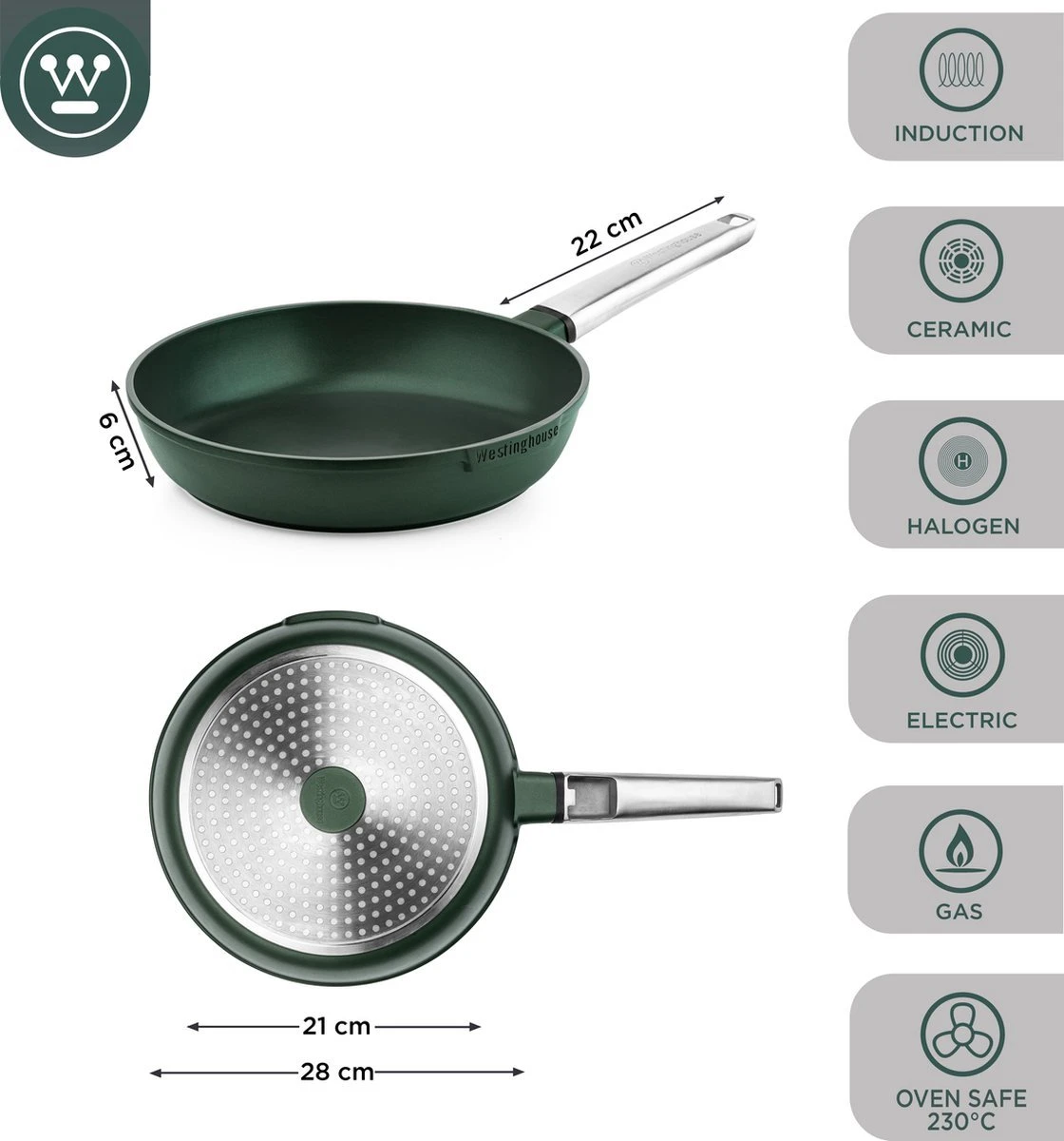 Westinghouse Pannenset - Performance Series Koekenpan 24cm + Koekenpan 28cm - Groen - Koekenpannenset 2-delig - Geschikt Voor Alle Warmtebronnen Inclusief Inductie 5 Westinghouse Pannenset - Performance Series Koekenpan 24cm + Koekenpan 28cm - Groen - Koekenpannenset 2-delig - Geschikt Voor Alle Warmtebronnen Inclusief Inductie - Afbeelding 5