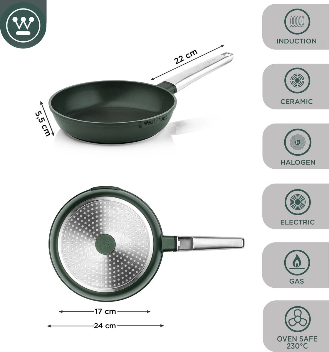Westinghouse Pannenset - Performance Series Koekenpan 24cm + Koekenpan 28cm - Groen - Koekenpannenset 2-delig - Geschikt Voor Alle Warmtebronnen Inclusief Inductie 7 Westinghouse Pannenset - Performance Series Koekenpan 24cm + Koekenpan 28cm - Groen - Koekenpannenset 2-delig - Geschikt Voor Alle Warmtebronnen Inclusief Inductie - Afbeelding 7