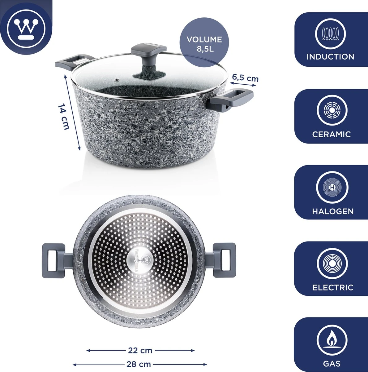 Westinghouse Kookpan/Braadpan Inductie - Ø 28 Cm - Grijs Graniet - Met Deksel - PFOA Vrij 2 Westinghouse Kookpan/Braadpan Inductie - Ø 28 Cm - Grijs Graniet - Met Deksel - PFOA Vrij - Afbeelding 2