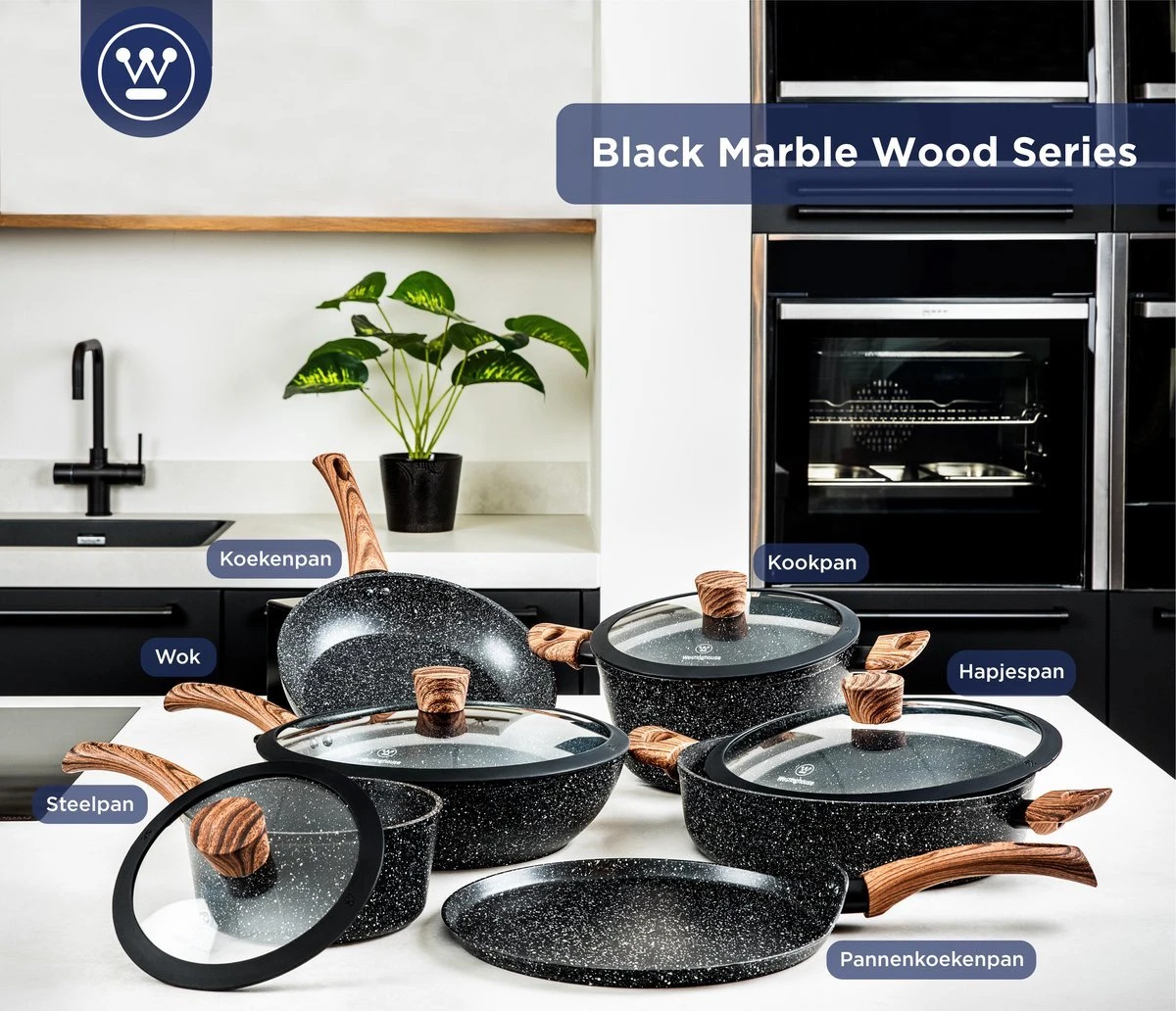 Westinghouse Pannenset Marble Wood (Wokpan ø 30 Cm + Braadpan + Hapjespan ø 28 Cm) - Inductie En Alle Andere Warmtebronnen 7 Westinghouse Pannenset Marble Wood (Wokpan ø 30 Cm + Braadpan + Hapjespan ø 28 Cm) - Inductie En Alle Andere Warmtebronnen - Afbeelding 7