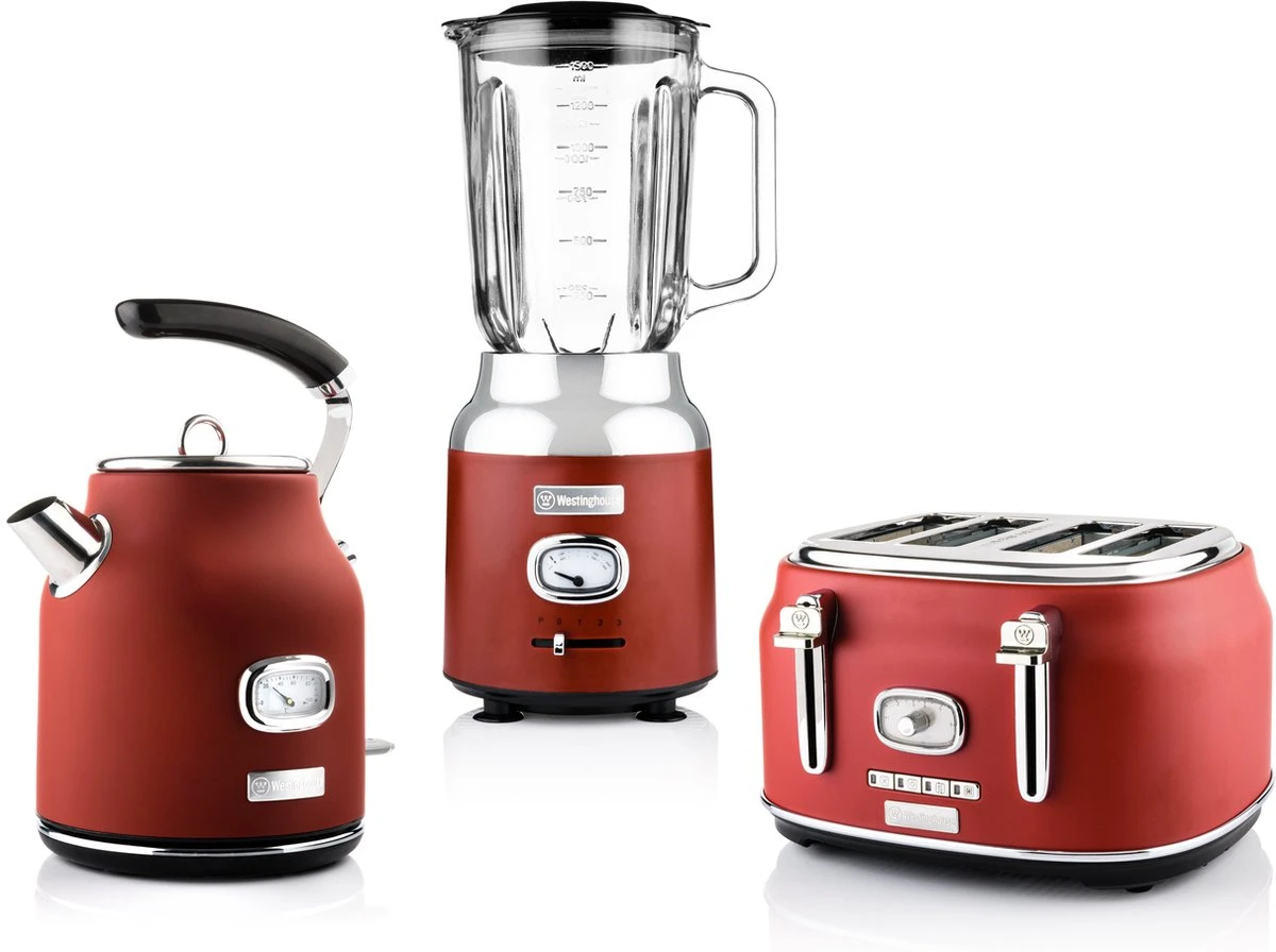 Westinghouse Retro Waterkoker + Broodrooster 4 Sleuven + Blender - Rood 1 Westinghouse Retro Waterkoker + Broodrooster 4 Sleuven + Blender - Rood
